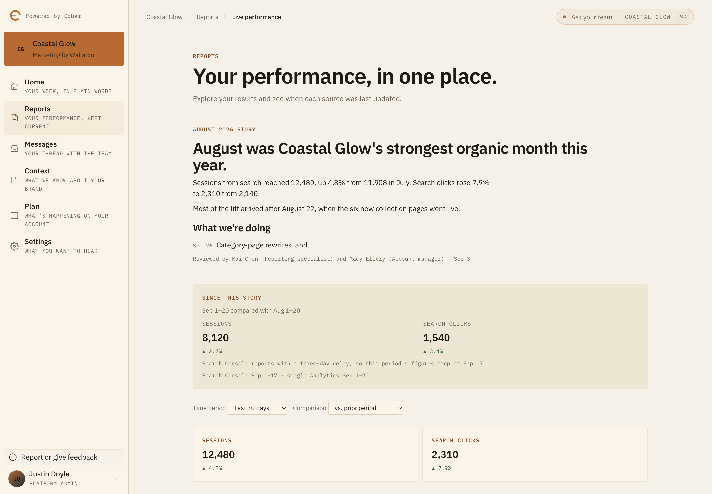 Cobar client reporting screen showing a monthly story, period comparisons, and a note explaining delayed Search Console data. Client names and metrics are synthetic.
