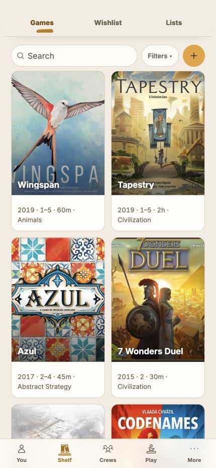 Muster mobile shelf showing game covers, player counts, and play times with sample collection data.