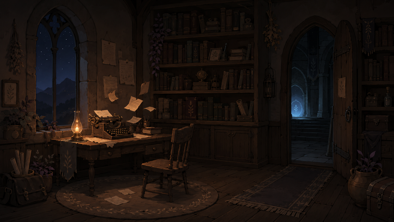 The actual opening-study artwork used in The Portalwright’s Almanac: a brass typewriter and lamp on a desk in a quiet library, with a blue-lit portal beyond the doorway.